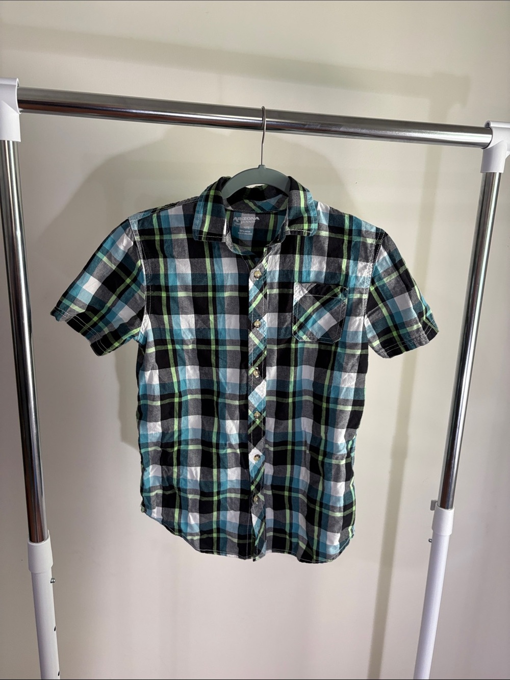 Arizona Jean Company Boys' Short Sleeve Plaid Button-Down - Black, Blue & Green